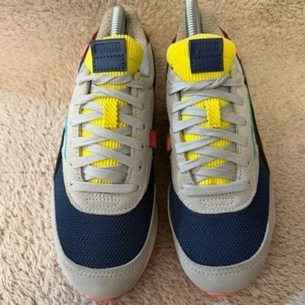Puma Future Rider Play On Kids Sneakers Grey Navy Yellow 375269-01 Size 5.5C